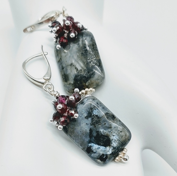 Jewelry - Sterling Silver Larvikite and Garnet Cluster Earrings